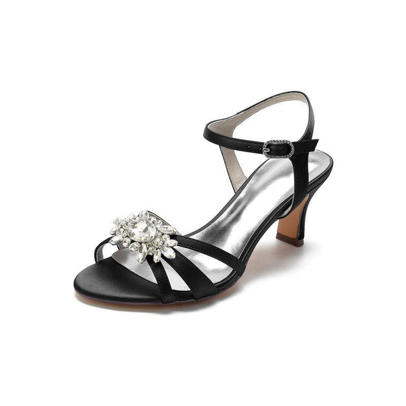 Open Toe Crystal Flower Chunky Heels