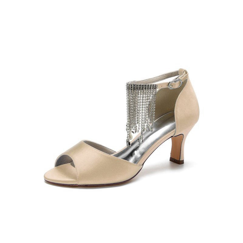 Cocktail Open Toe Tassel Strap Chunky Heels
