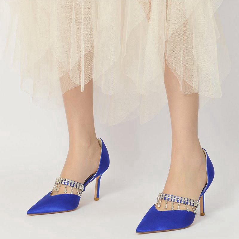 Cocktail Pointed Toe Crystal Tassel Buckle Strap Heels