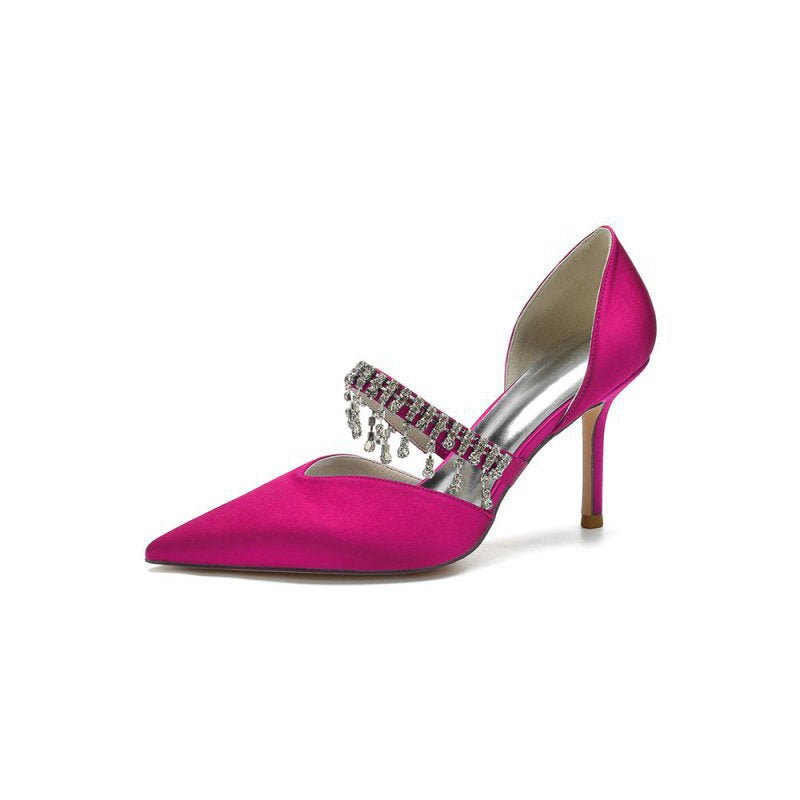 Cocktail Pointed Toe Crystal Tassel Buckle Strap Heels