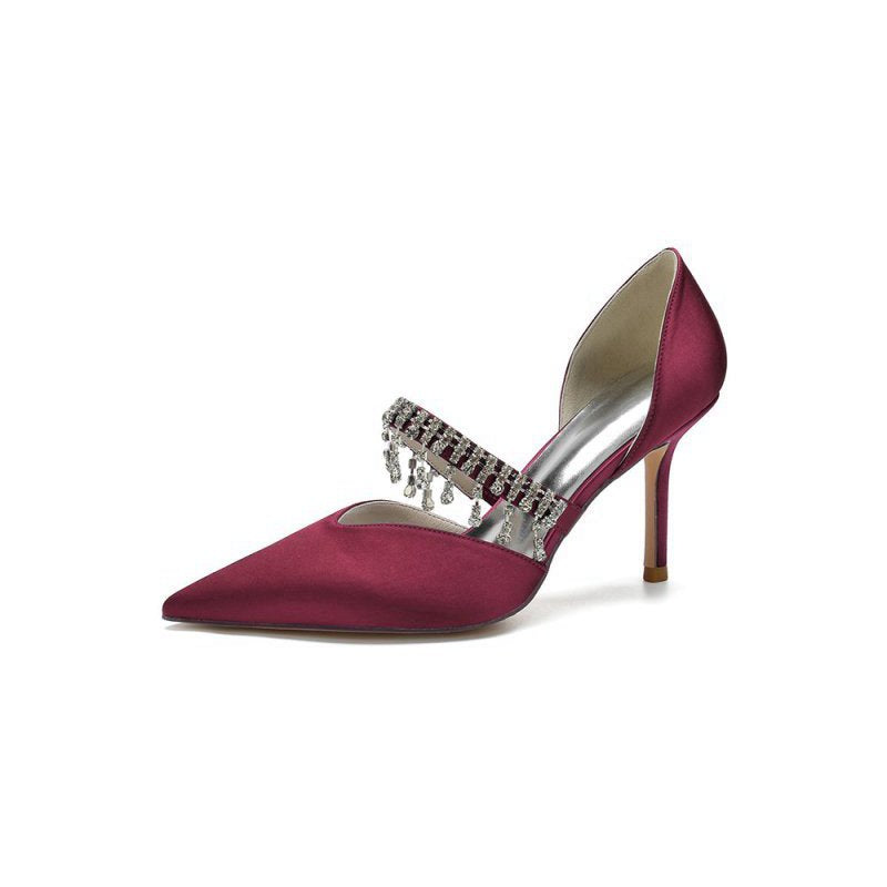 Cocktail Pointed Toe Crystal Tassel Buckle Strap Heels