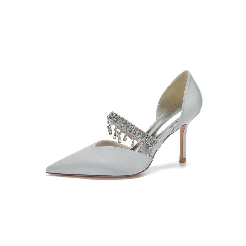 Cocktail Pointed Toe Crystal Tassel Buckle Strap Heels