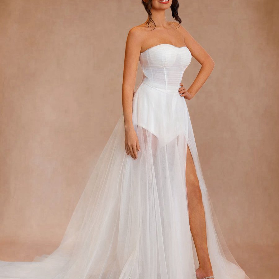 A-line Sweetheart Tulle High Split Bohemian Wedding Dresses