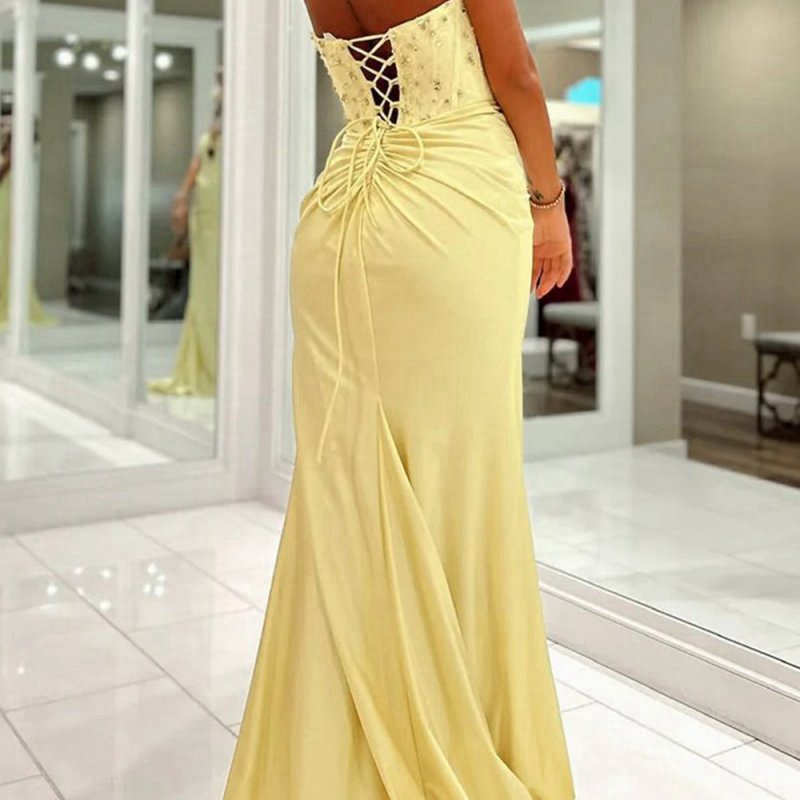 Mermaid Strapless Sweetheart Keyhole Beading Long Prom Dresses with Slit