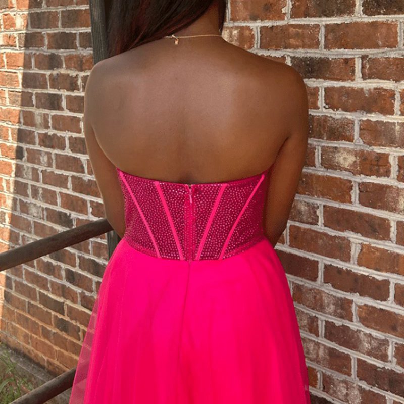 A-line Strapless Beads Empire-Waist Sleeveless Prom Dresses with Slit