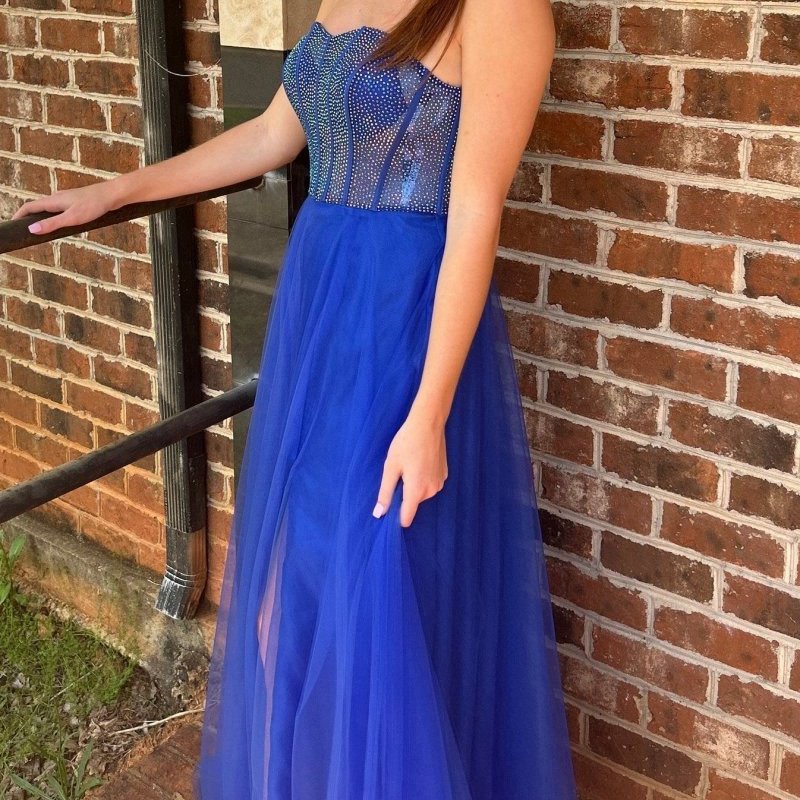 A-line Strapless Beads Empire-Waist Sleeveless Prom Dresses with Slit
