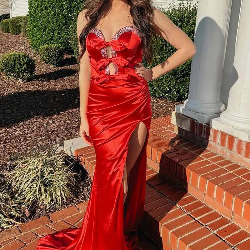 Strapless V-Neck Bow Mermaid Pleated Long Prom Dresses with Slit