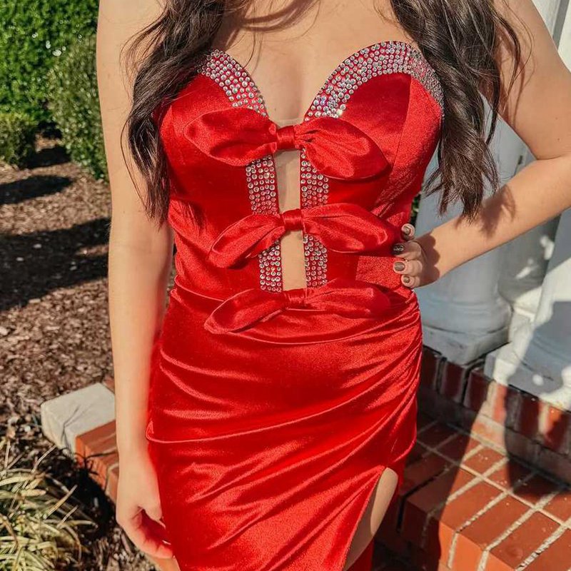 Strapless V-Neck Bow Mermaid Pleated Long Prom Dresses with Slit