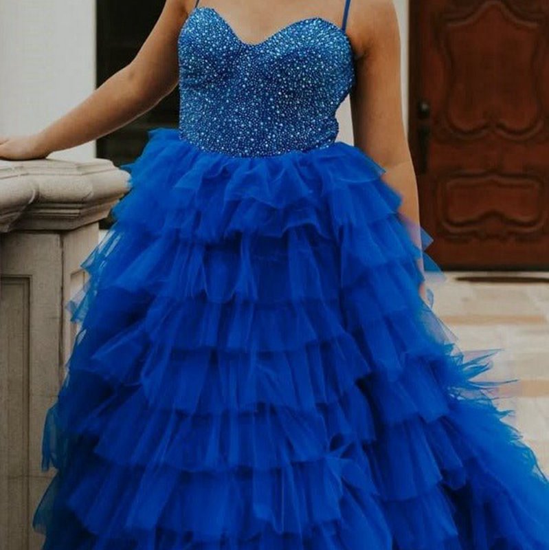Spaghetti Straps Sweetheart Layered Tulle Formal Prom Dresses with Slit