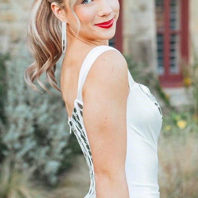 One Shoulder Square Neck Mirror-Cut Sequins Prom Dresses with Slit