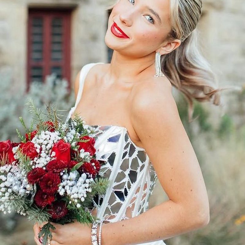 One Shoulder Square Neck Mirror-Cut Sequins Prom Dresses with Slit