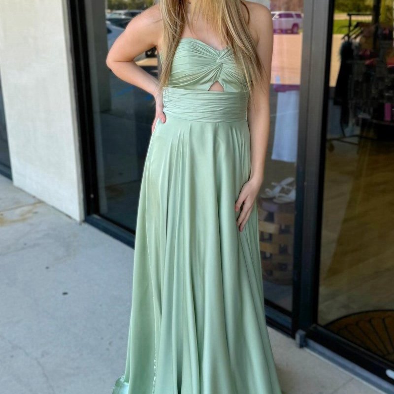 Sage Strapless Twisted Knot Maxi Bridesmaid Dresses