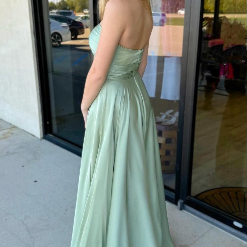 Sage Strapless Twisted Knot Maxi Bridesmaid Dresses
