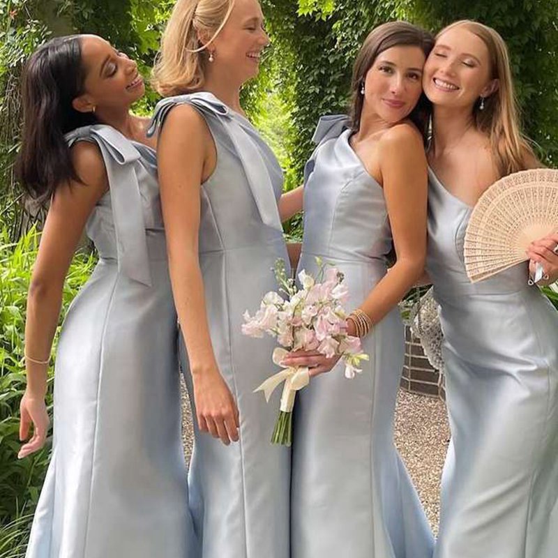 Powder One Shoulder Sheath Long Bridesmaid Dresses