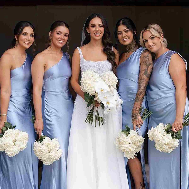 One Shoulder Sleeveless Satin Pleated Long Bridesmaid Dresses