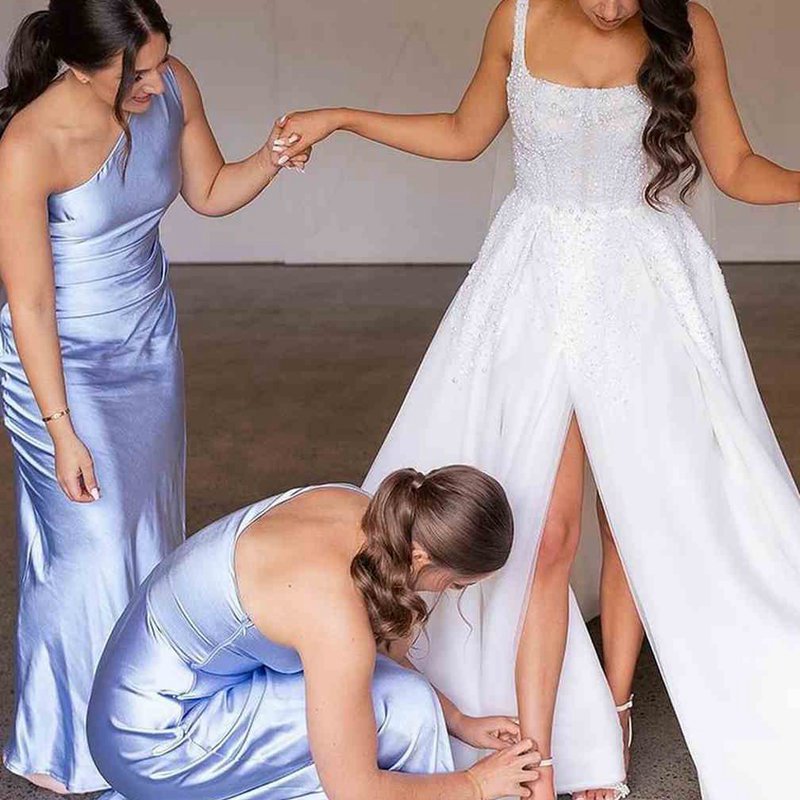 One Shoulder Sleeveless Satin Pleated Long Bridesmaid Dresses