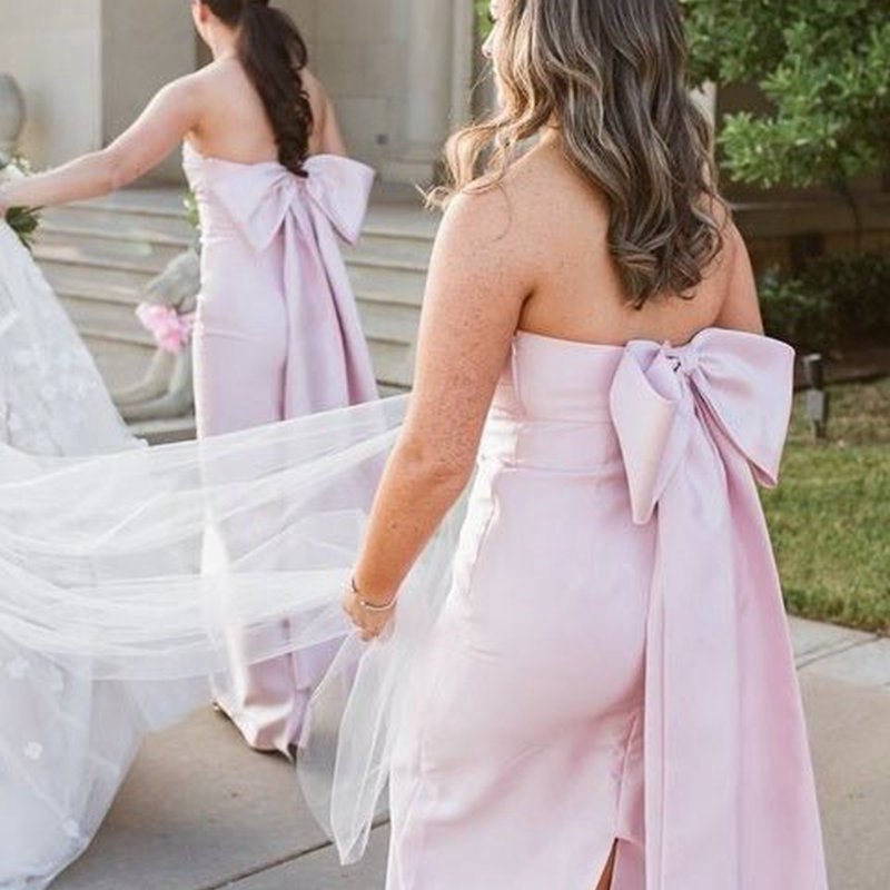 Strapless Scoop Pleated Satin Long Bridesmaid Dresses with Big Bow