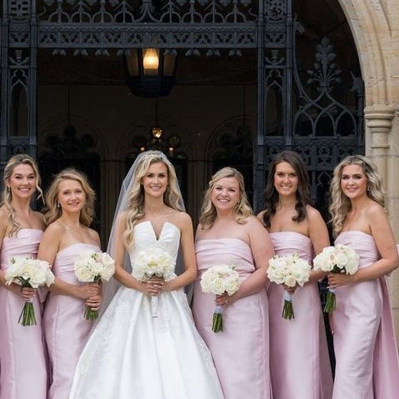 Strapless Scoop Pleated Satin Long Bridesmaid Dresses with Big Bow