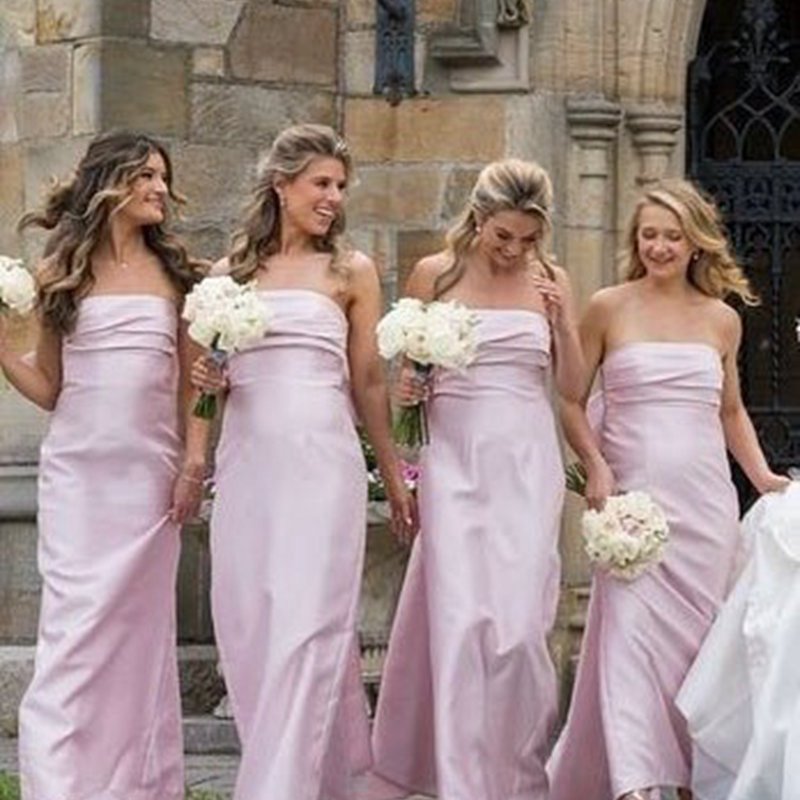 Strapless Scoop Pleated Satin Long Bridesmaid Dresses with Big Bow