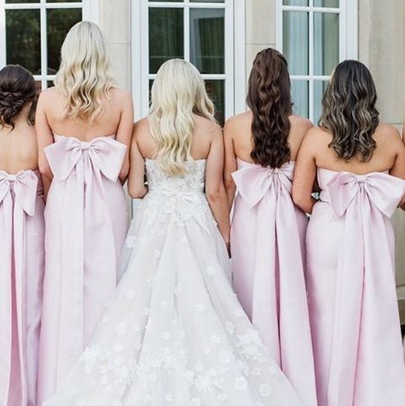 Strapless Scoop Pleated Satin Long Bridesmaid Dresses with Big Bow