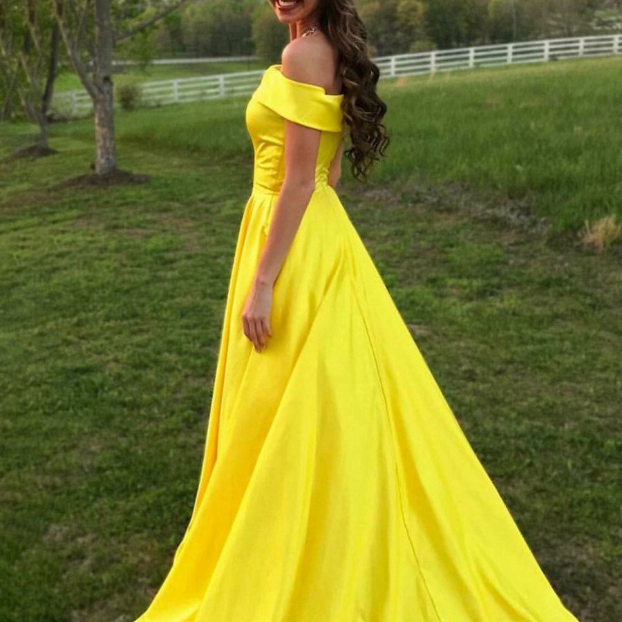 A-line Off the Shoulder Satin Prom Dresses with Pockets