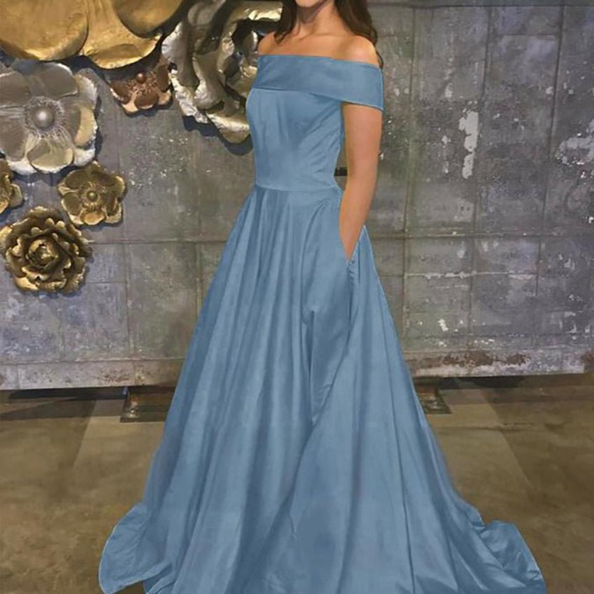 A-line Off the Shoulder Satin Prom Dresses with Pockets