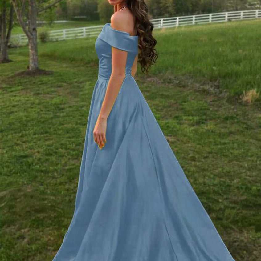 A-line Off the Shoulder Satin Prom Dresses with Pockets