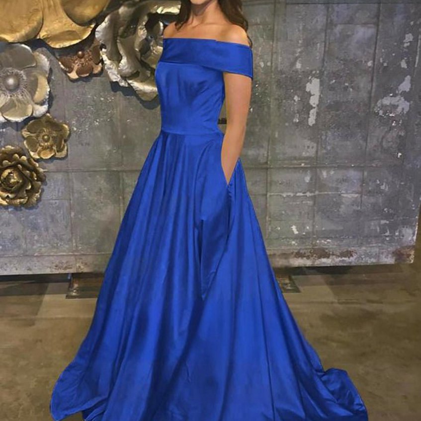 A-line Off the Shoulder Satin Prom Dresses with Pockets