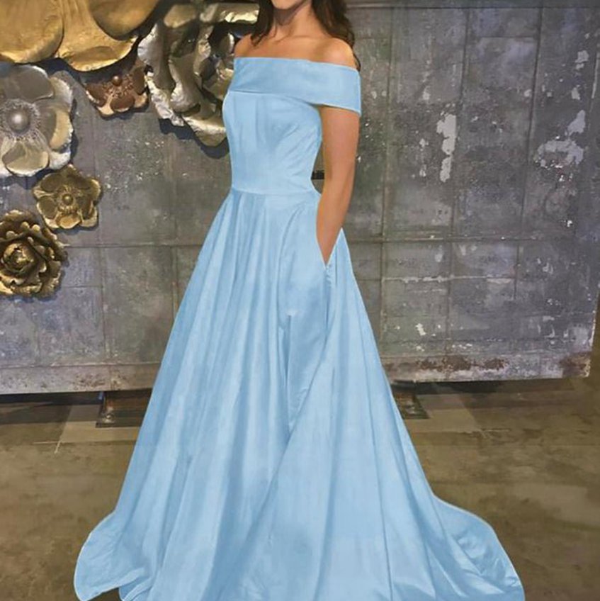 A-line Off the Shoulder Satin Prom Dresses with Pockets