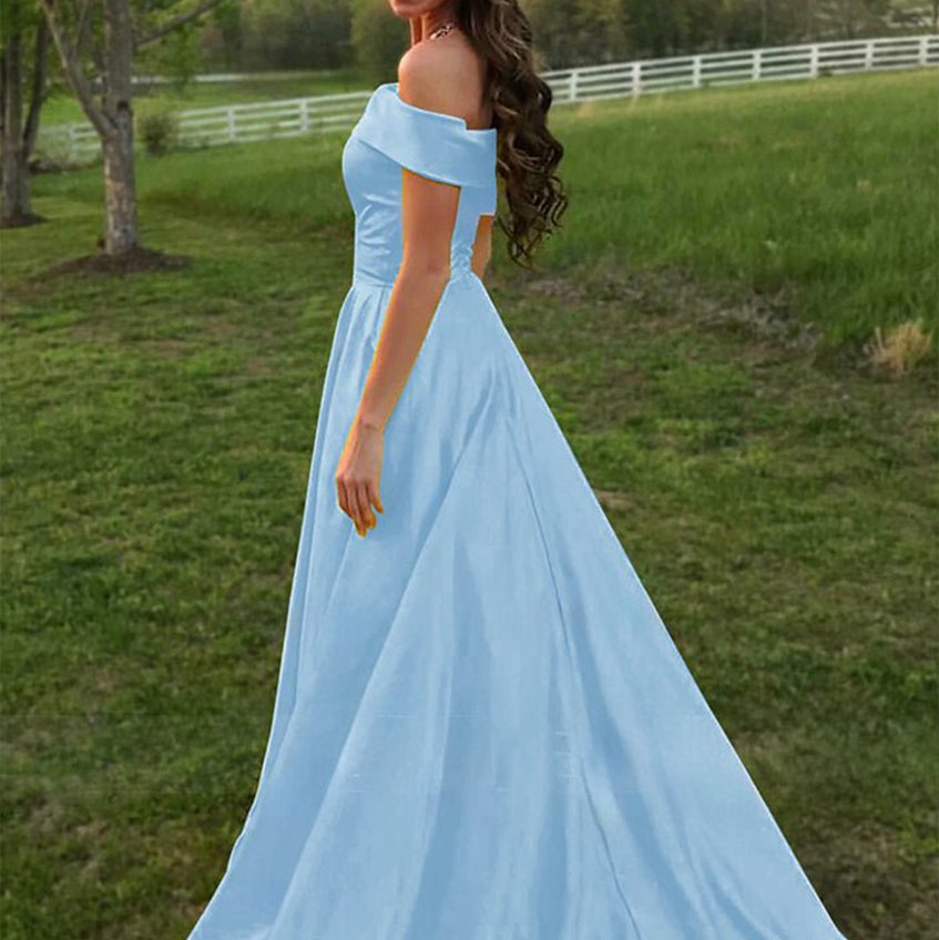 A-line Off the Shoulder Satin Prom Dresses with Pockets