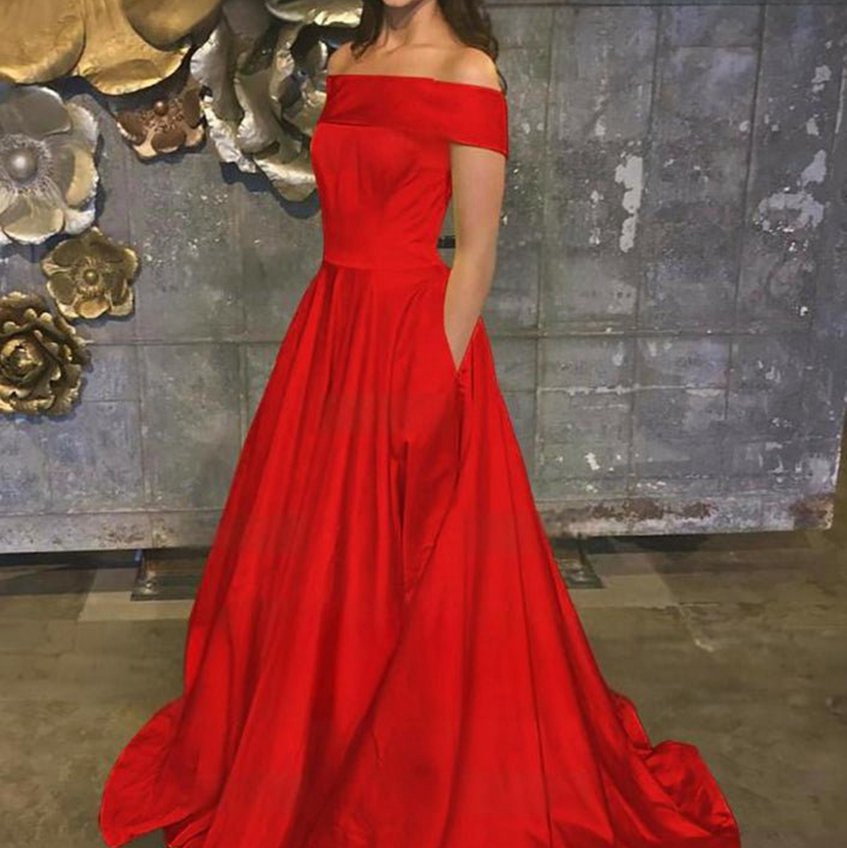 A-line Off the Shoulder Satin Prom Dresses with Pockets