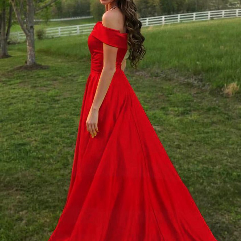 A-line Off the Shoulder Satin Prom Dresses with Pockets