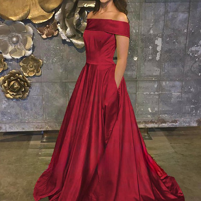A-line Off the Shoulder Satin Prom Dresses with Pockets