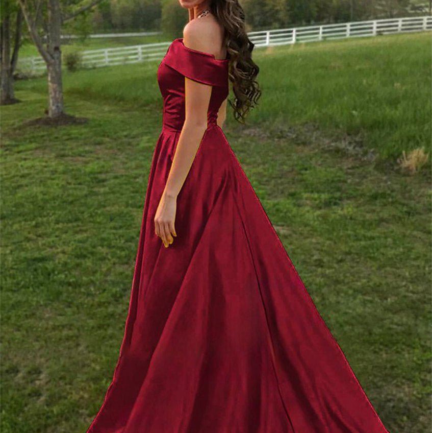 A-line Off the Shoulder Satin Prom Dresses with Pockets