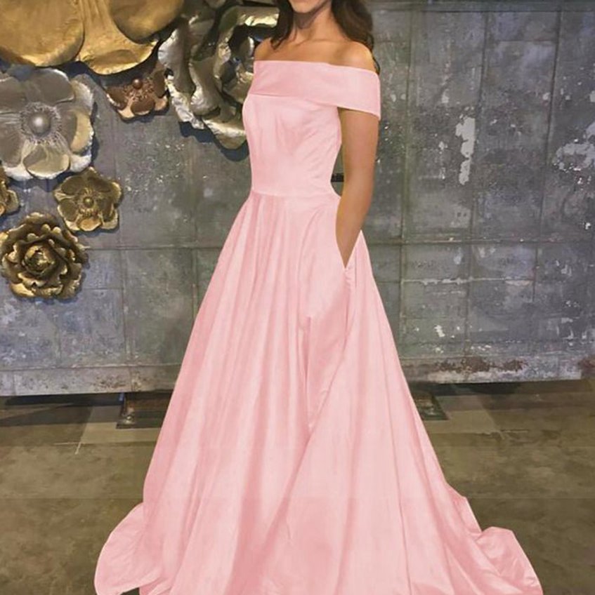 A-line Off the Shoulder Satin Prom Dresses with Pockets