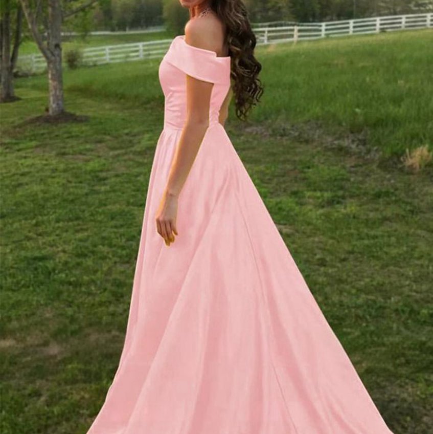 A-line Off the Shoulder Satin Prom Dresses with Pockets