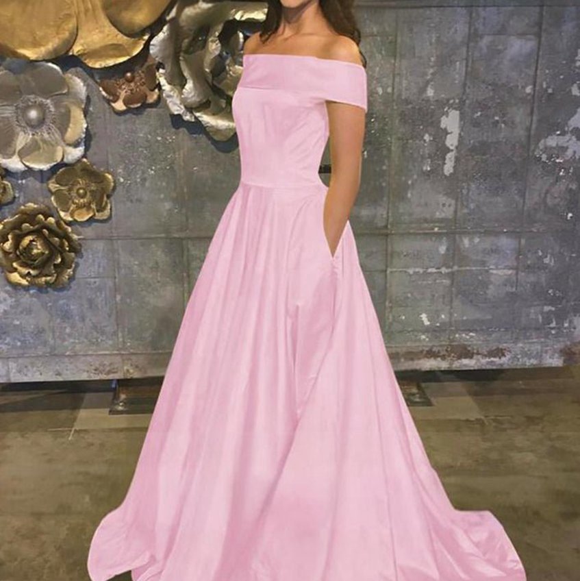 A-line Off the Shoulder Satin Prom Dresses with Pockets