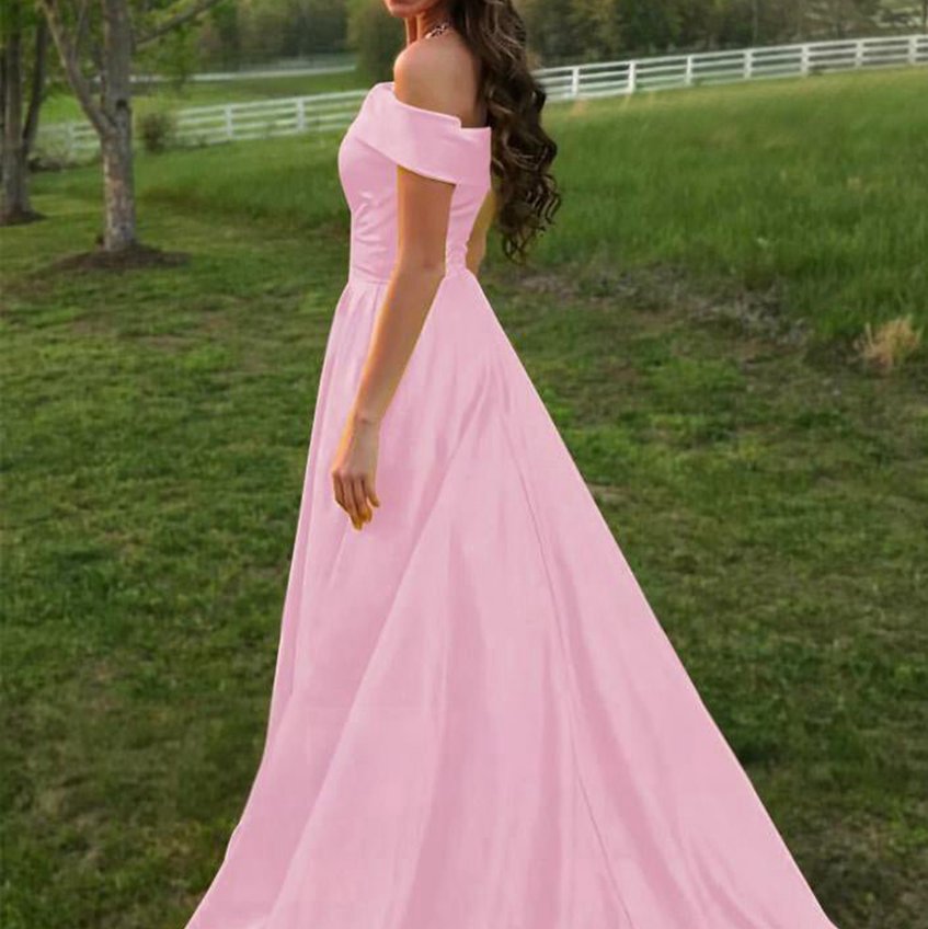 A-line Off the Shoulder Satin Prom Dresses with Pockets