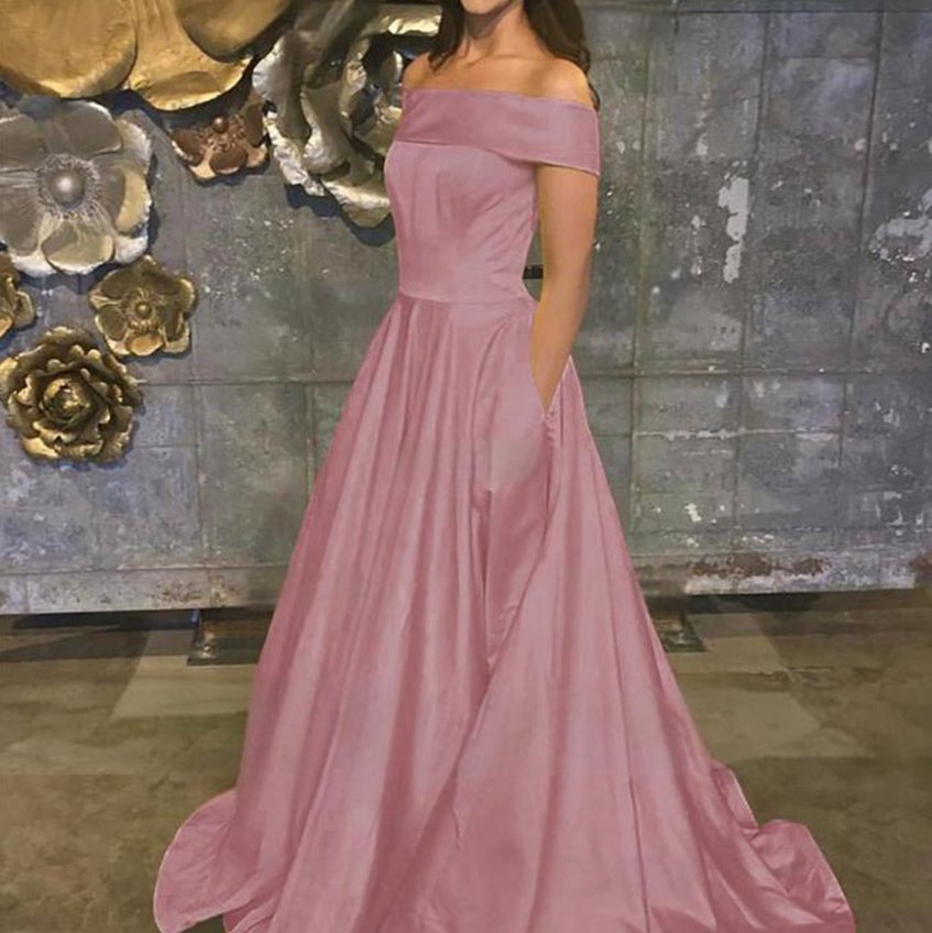 A-line Off the Shoulder Satin Prom Dresses with Pockets