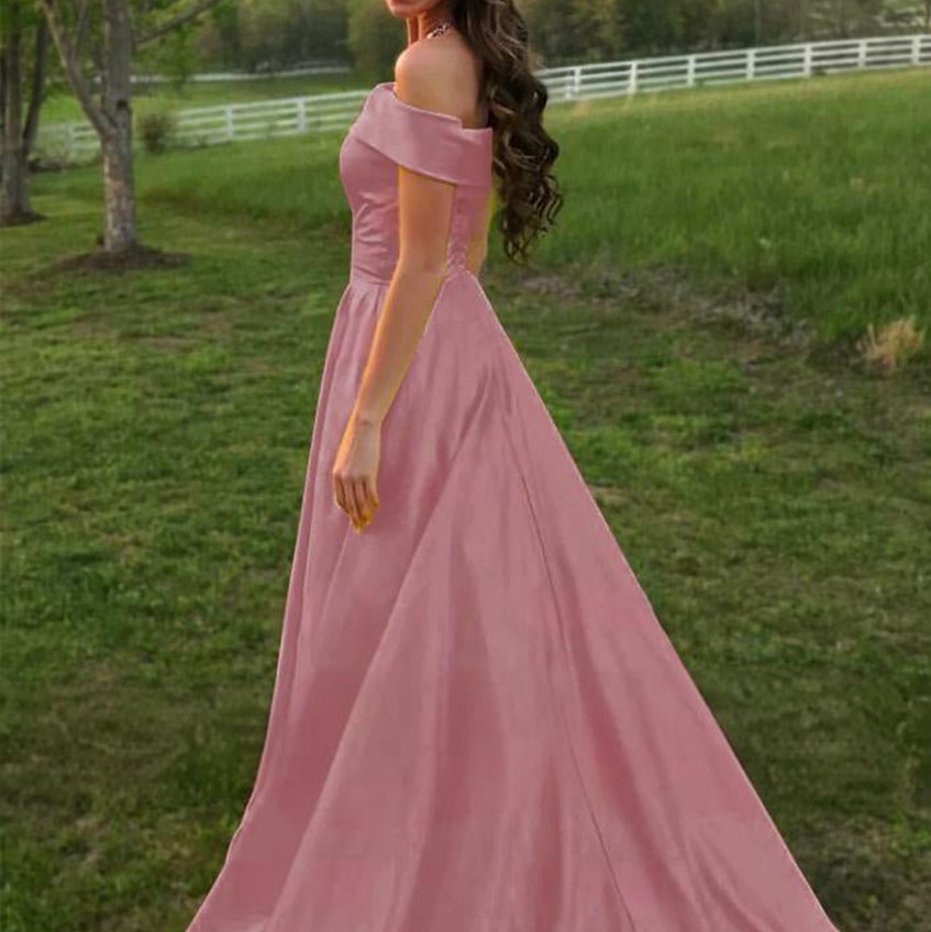 A-line Off the Shoulder Satin Prom Dresses with Pockets