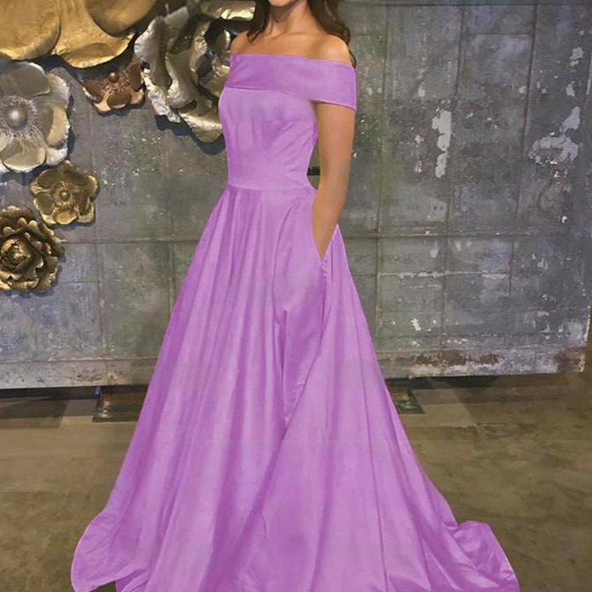 A-line Off the Shoulder Satin Prom Dresses with Pockets