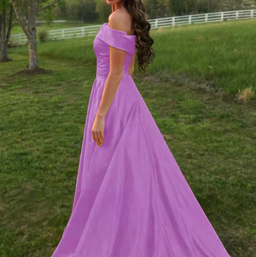 A-line Off the Shoulder Satin Prom Dresses with Pockets