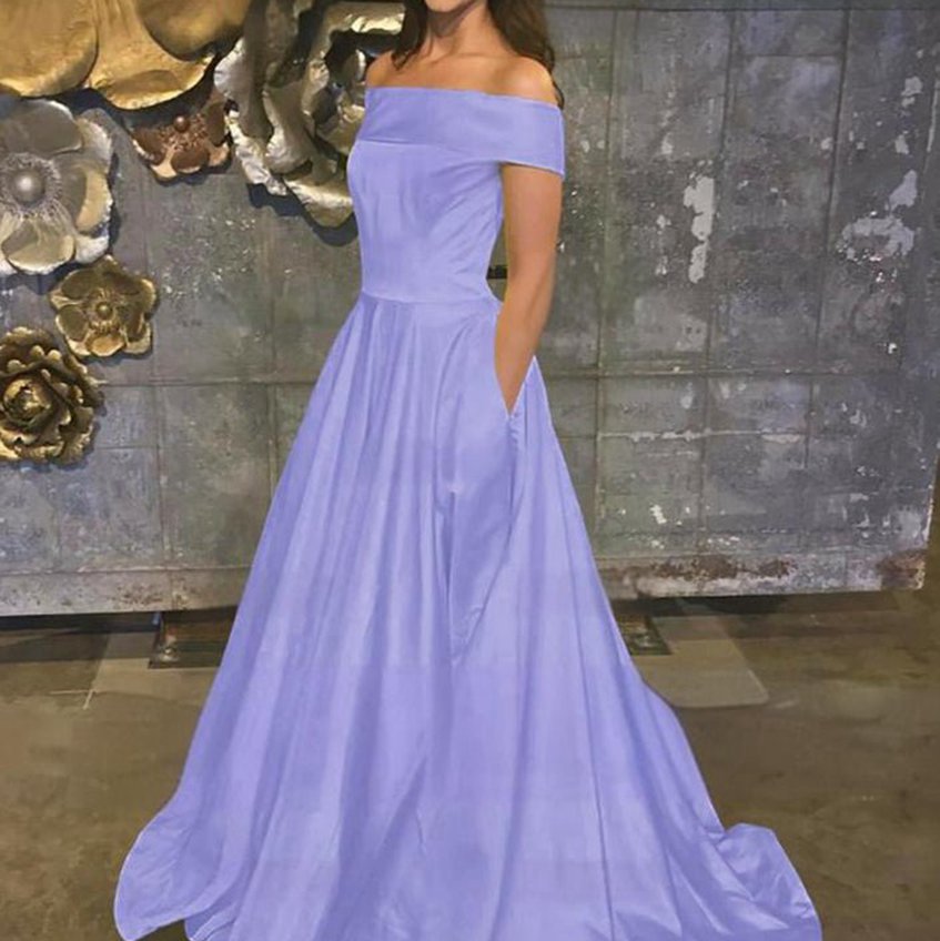 A-line Off the Shoulder Satin Prom Dresses with Pockets