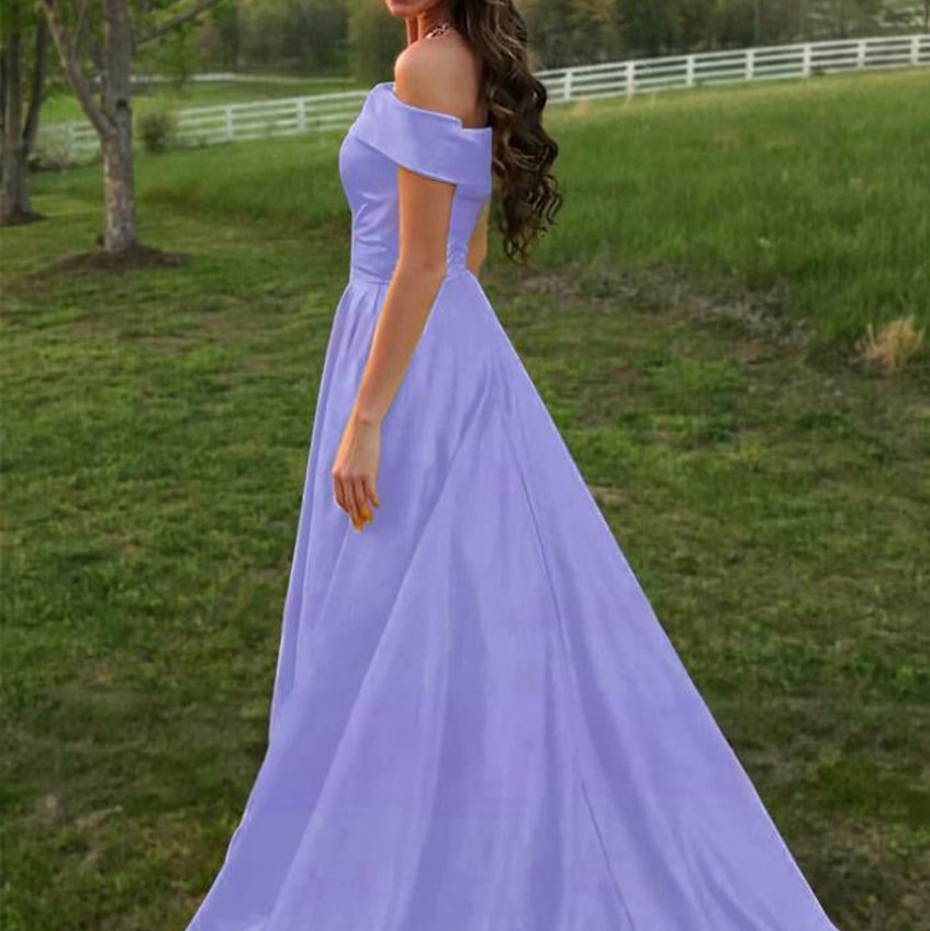A-line Off the Shoulder Satin Prom Dresses with Pockets