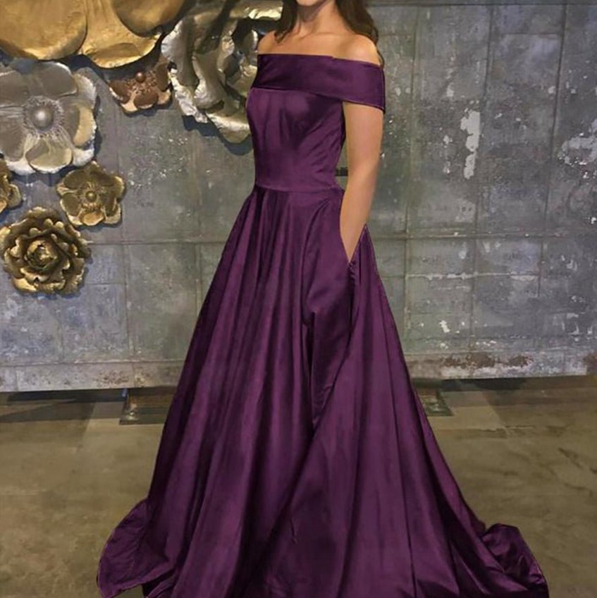 A-line Off the Shoulder Satin Prom Dresses with Pockets