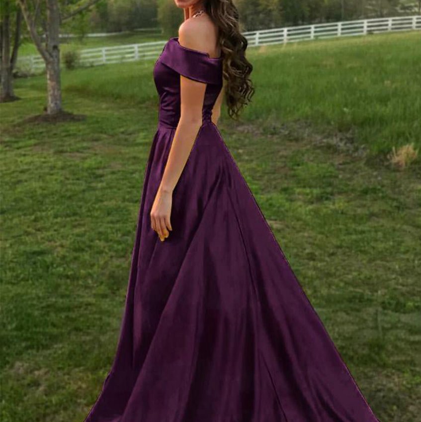 A-line Off the Shoulder Satin Prom Dresses with Pockets