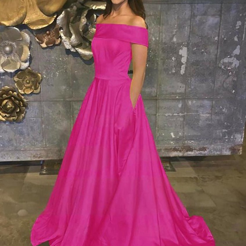 A-line Off the Shoulder Satin Prom Dresses with Pockets