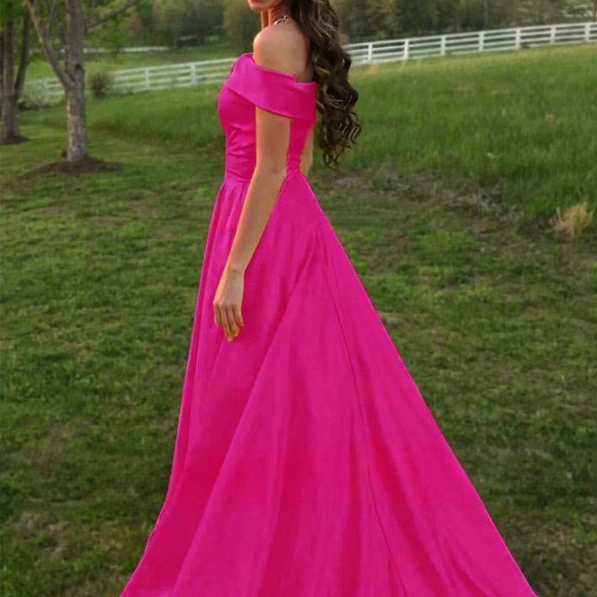 A-line Off the Shoulder Satin Prom Dresses with Pockets