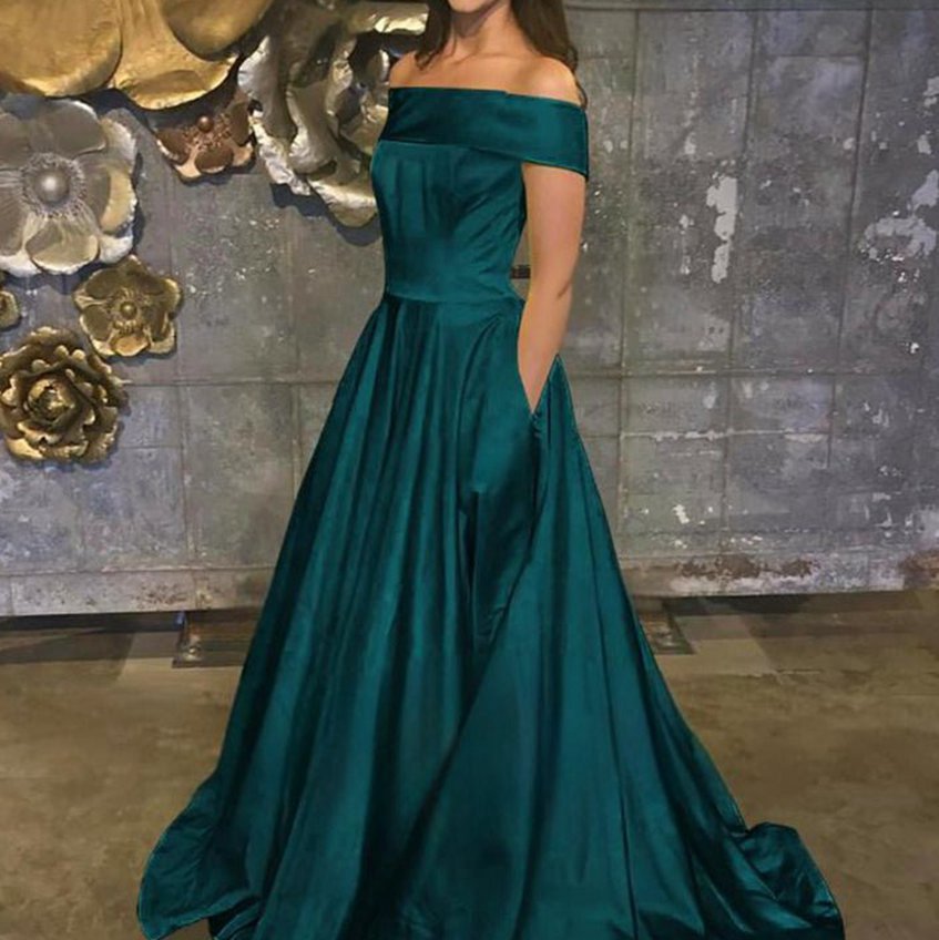 A-line Off the Shoulder Satin Prom Dresses with Pockets