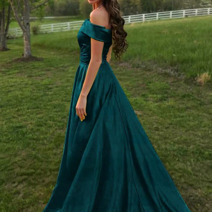 A-line Off the Shoulder Satin Prom Dresses with Pockets